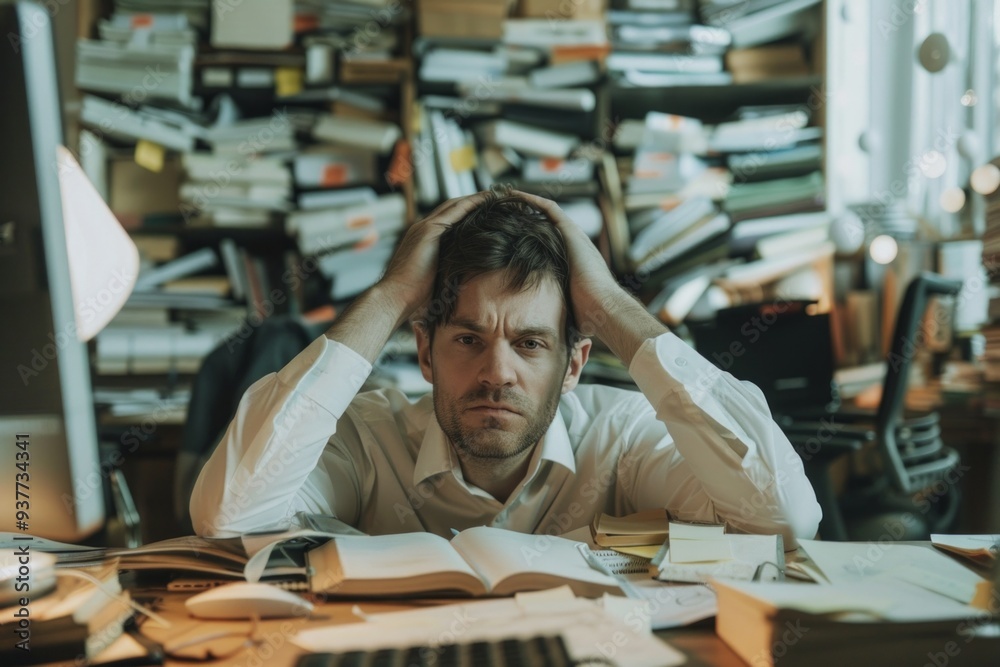 Man with big piles of work papers