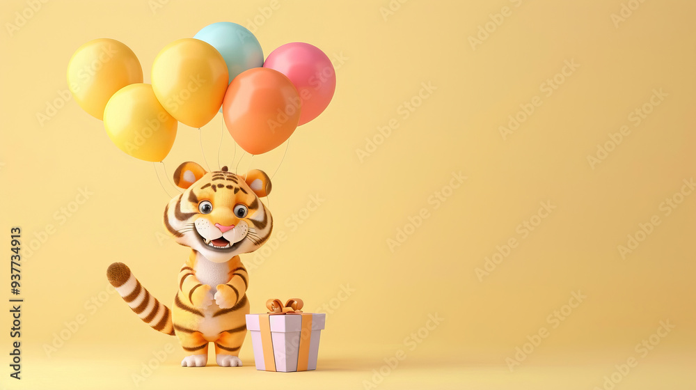 Birthday card with tiger, colorful balloons and gifts. Copy space kid birthday card, yellow background.