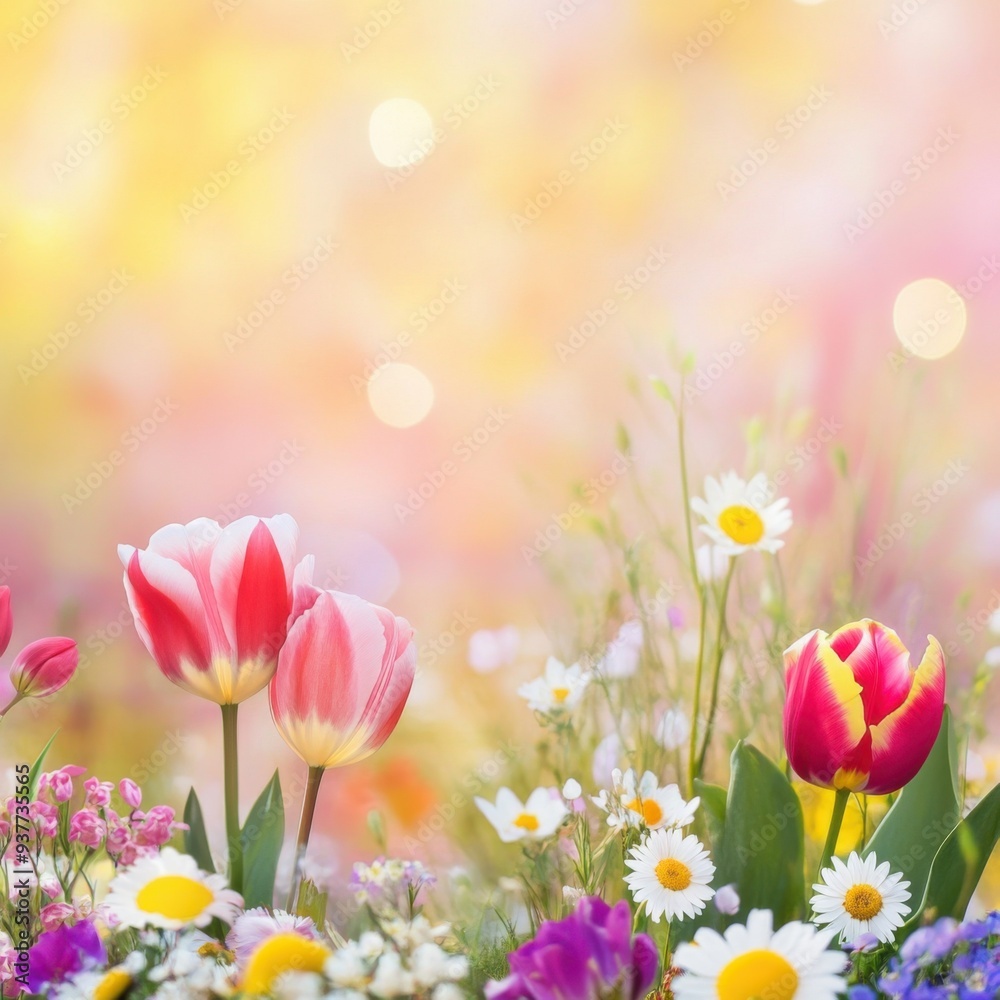 Vibrant Spring Meadow with Blooming Flowers and Bokeh Background Vibrant Spring Meadow with Blooming Flowers and Bokeh Background