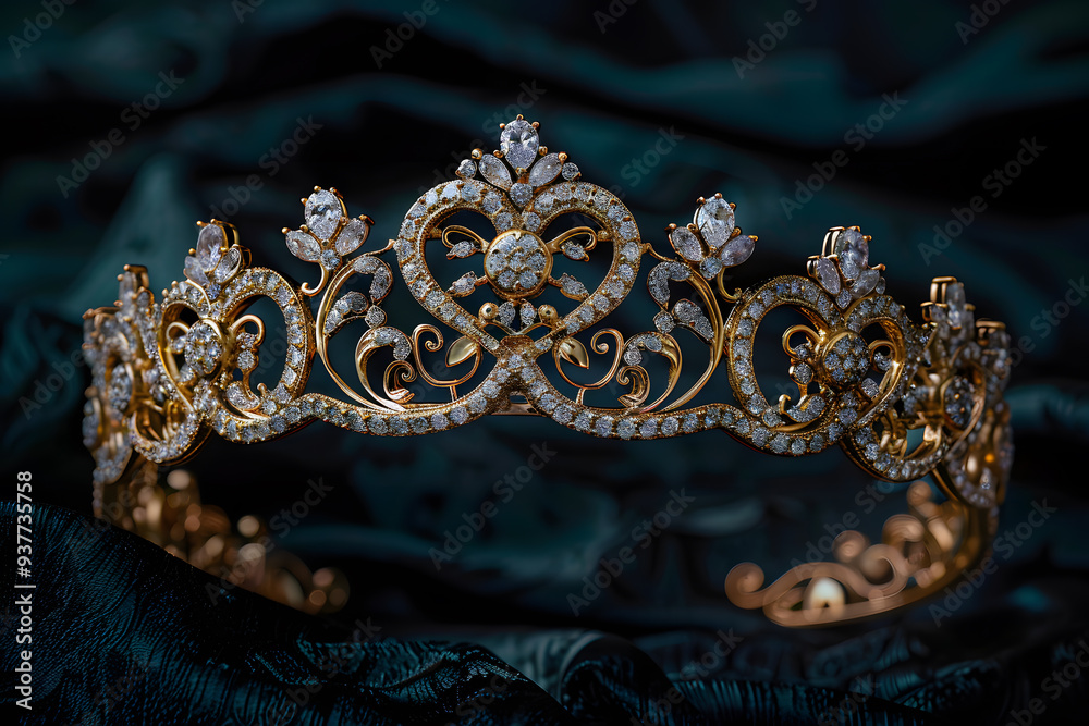 Obraz premium Ornate Renaissance crown with gold floral motifs and gemstones, highlighted against rich velvet backdrop.