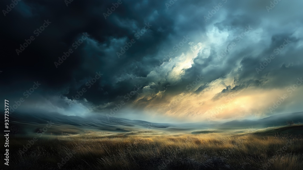 Dramatic cloudy mountainous landscape with grey clouds before the storm Dramatic cloudy mountainous landscape with grey clouds before the storm