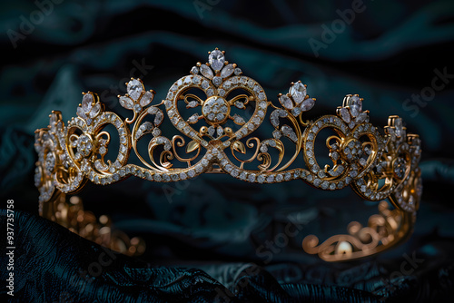 Ornate Renaissance crown with gold floral motifs and gemstones, highlighted against rich velvet backdrop.