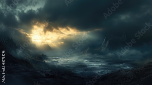 Dramatic cloudy mountainous landscape with grey clouds before the storm