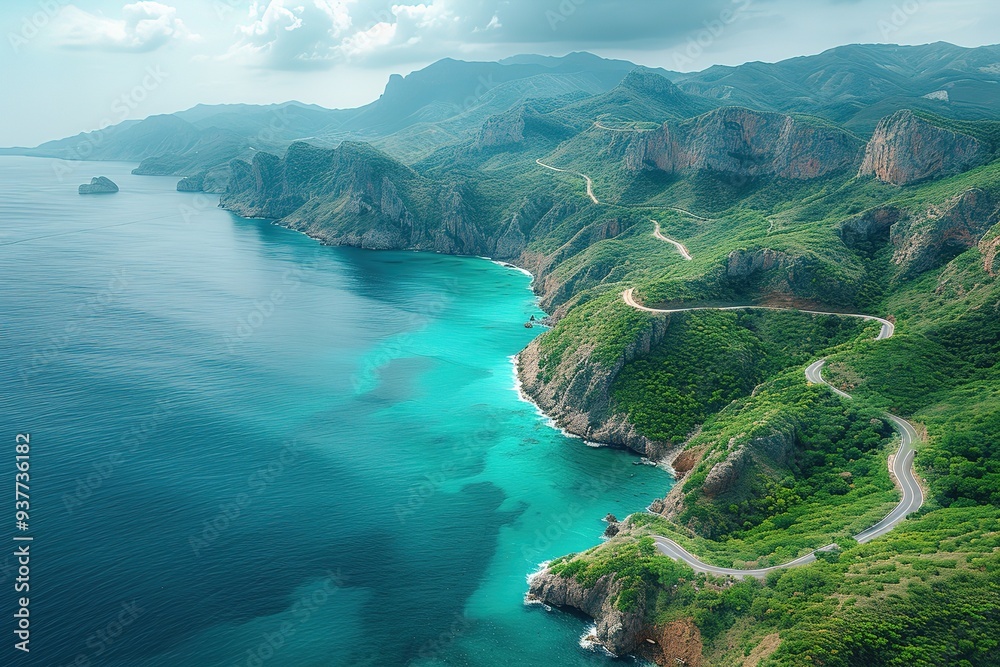 Fototapeta premium An awe-inspiring aerial view of a winding road cutting through mountains or a coastal landscape, depicting nature's grandeur