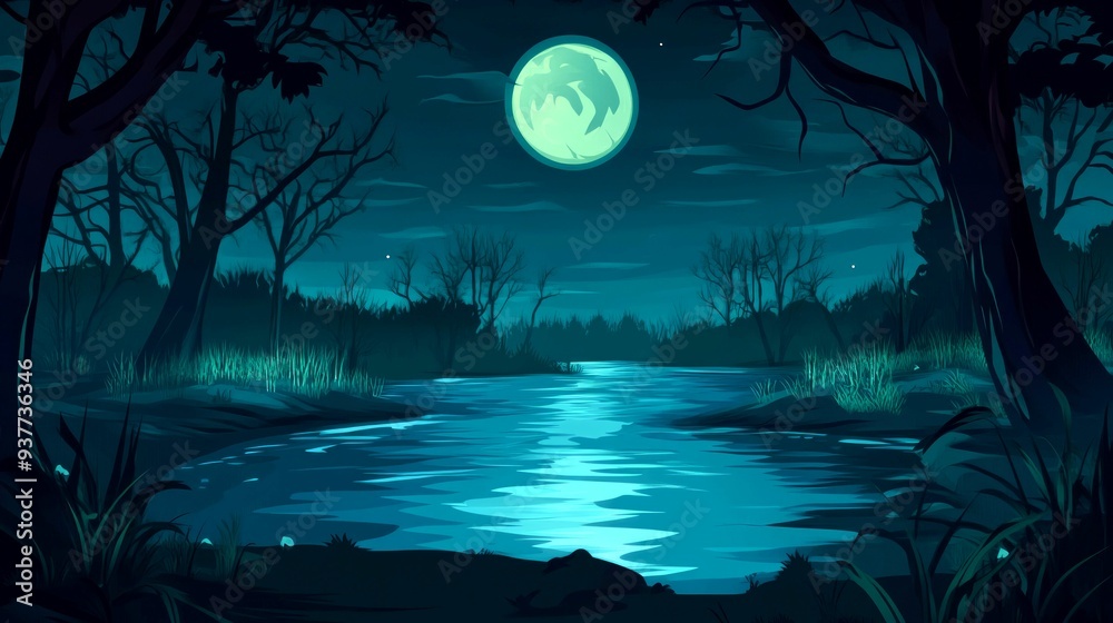 A moonlit night scene with a river flowing through a forest A moonlit night scene with a river flowing through a forest