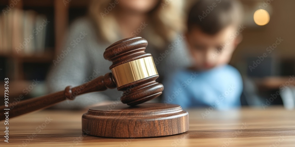 Judge's Hammer in Focus with Blurred Background of a Concerned Child Judge's Hammer in Focus with Blurred Background of a Concerned Child
