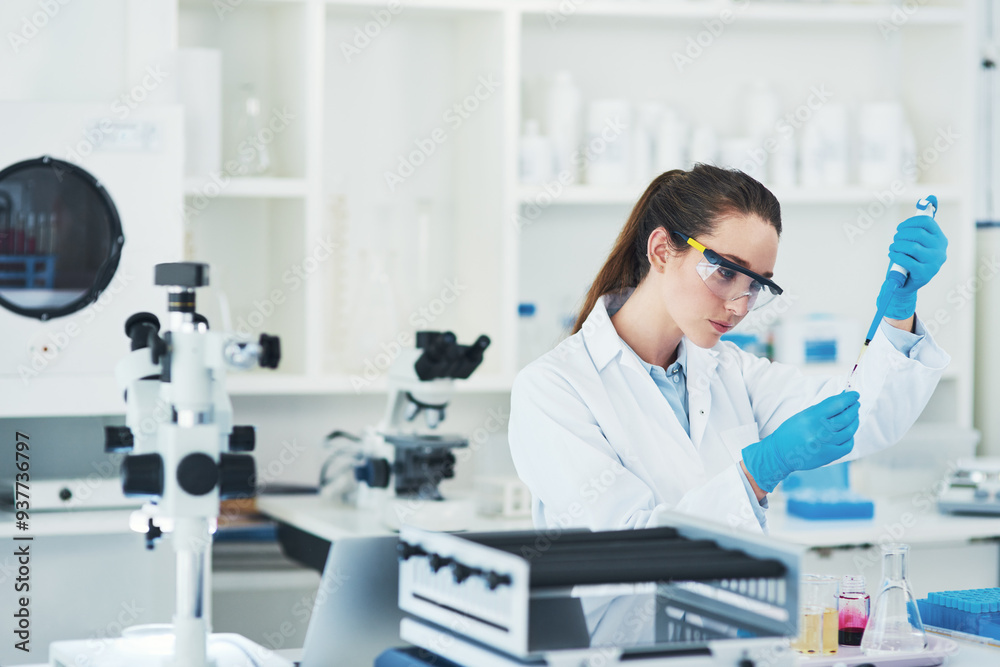 Woman, science and chemicals on pipette or test tube for medical research, investigation and development at lab. Female person, professional and vial with virus study for chemistry or cure discovery Woman, science and chemicals on pipette or test tube for medical research, investigation and development at lab. Female person, professional and vial with virus study for chemistry or cure discovery