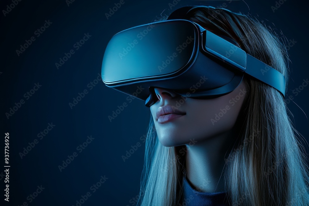 Profile of a person in a VR headset with a dark blue background symbolizing the immersive and cutting edge nature of modern virtual reality technology Profile of a person in a VR headset with a dark blue background symbolizing the immersive and cutting edge nature of modern virtual reality technology