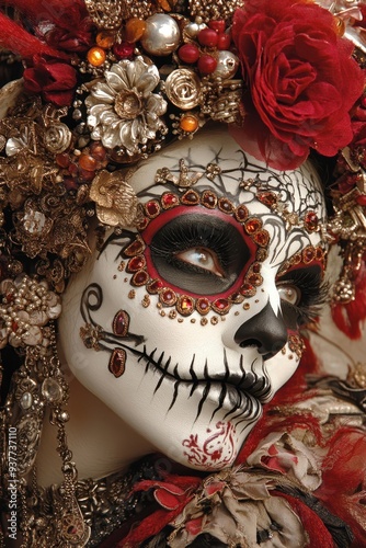 a woman with a skull makeup and red roses photo