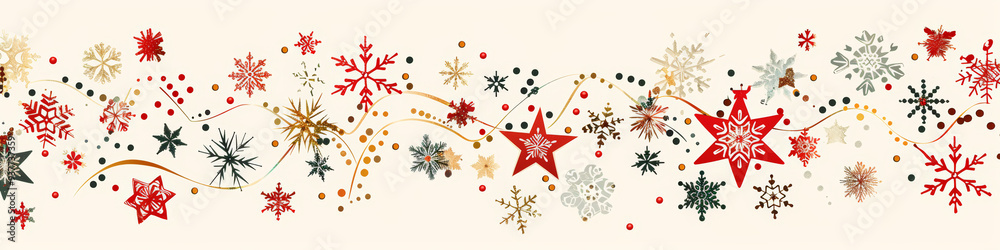 Christmas stars and snowflakes in red, gold, and silver colors on a white background. Vector illustration with hand-drawn elements for design, print, or greeting card. Isolated on a pastel background