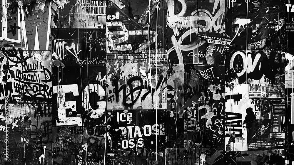 Abstract black and white animated background with letters and spots. Abstract graffiti motion animated background.
