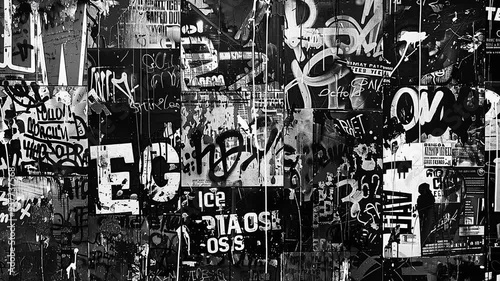 Abstract black and white animated background with letters and spots. Abstract graffiti motion animated background.