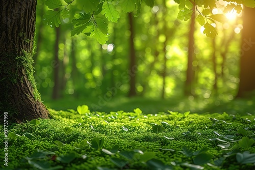 Bright forest clearing,beautiful sunlight and seasonal nature background with bokeh and short depth of field Close-up with space for text, close-up on wildlife nature mushrooms and green fresh leaves