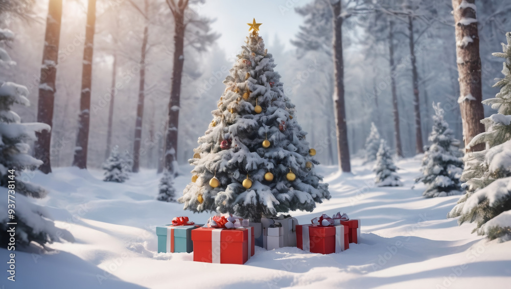 Fototapeta premium New year celebration holiday concept. christmas tree in winter forest