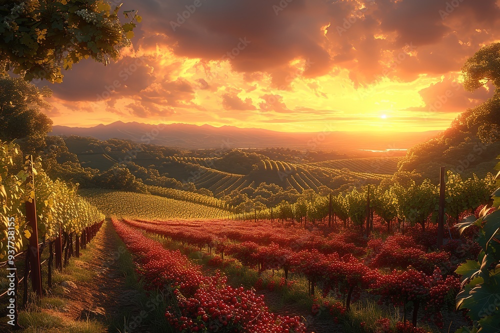 Naklejka premium Charming Vineyard at Sunset - A charming vineyard bathed in the warm glow of sunset Digital Illustration Part#100623