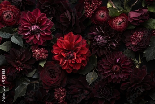 A dramatic bouquet of deep red and burgundy flowers photo