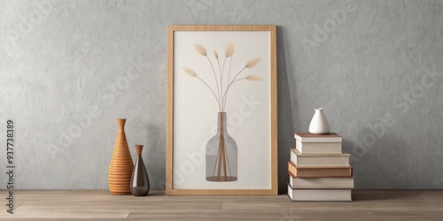 Minimalist decor with a framed botanical print and vases.