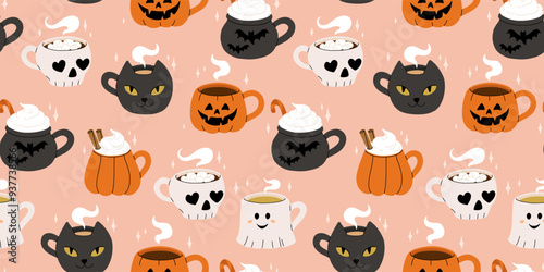 Vector collection of cute Halloween mugs. Hot cocoa with marshmallow, coffee and tea cups with cute faces, ghost, pumpkin, witch black cat and skull. Flat cartoon seamless pattern.