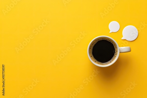 Black coffee in a white cup on a yellow background with a thought bubble above the coffee, minimalistic, simple and clean. Wallpaper, background, banner