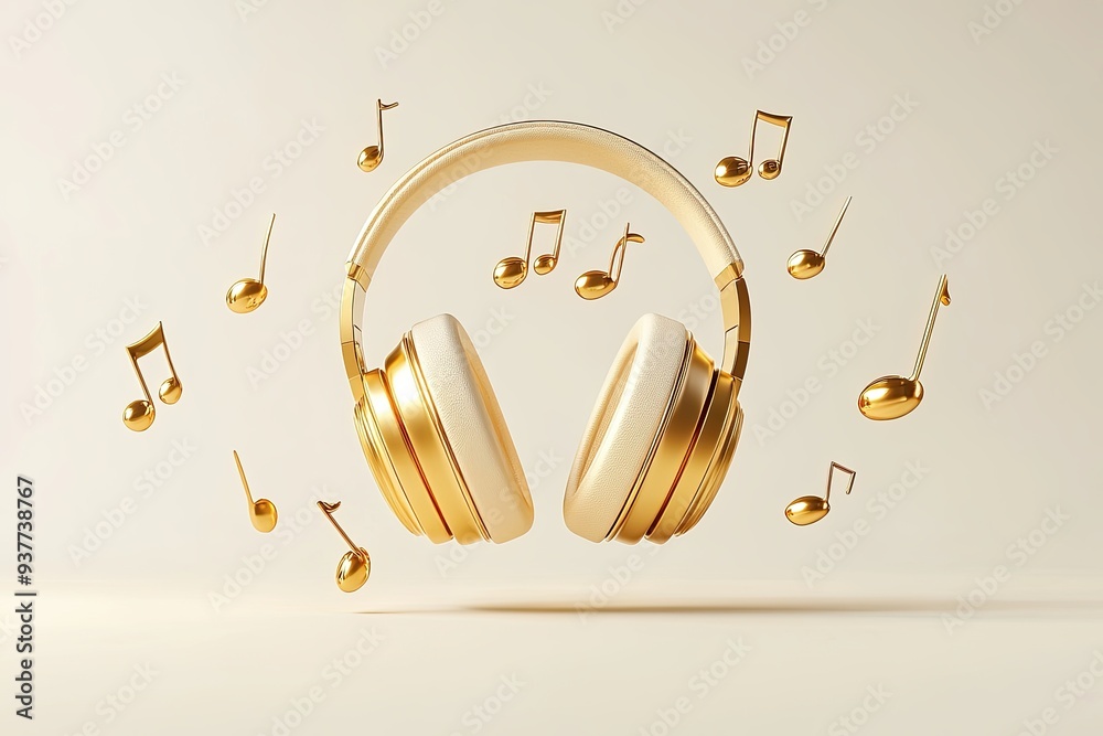 Headphones with musical notes, a gold peachy white color palette, simple shapes. Wallpaper, banner, background