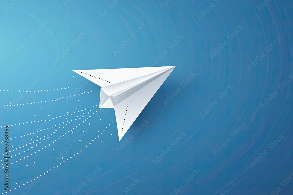 A white paper airplane flying on a blue background, a vector illustration with a dotted line trail. Background, wallpaper, banner A white paper airplane flying on a blue background, a vector illustration with a dotted line trail. Background, wallpaper, banner
