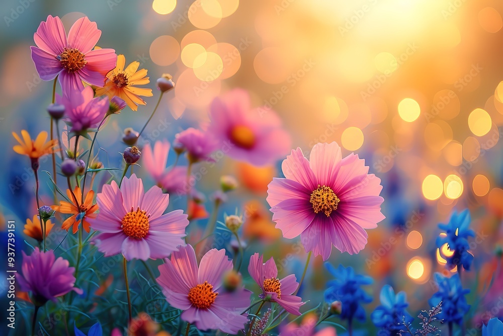 Colorful flower meadow with sunbeams and bokeh lights in summer - nature background banner with copy space - summer greeting card wildflowers spring concept