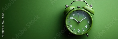 Green alarm clock on a green background, flat lay, top view, copy space concept. Wallpaper, background, banner