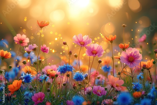 Colorful flower meadow with sunbeams and bokeh lights in summer - nature background banner with copy space - summer greeting card wildflowers spring concept