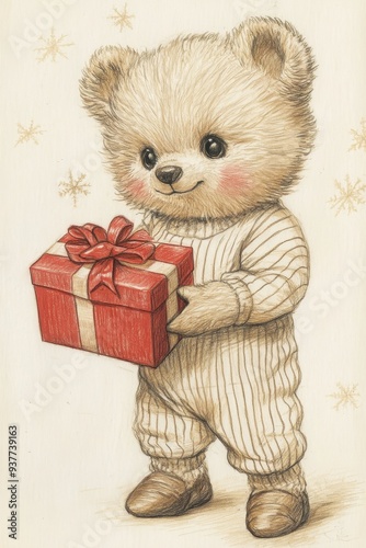 Teddy bear character with a red present on a holiday background cozy and festive mood.