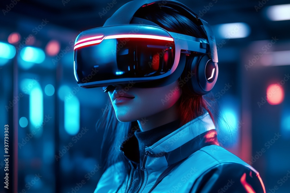 Futuristic portrait of a woman in high tech VR headset with neon lights and a cyberpunk aesthetic embodying the essence of advanced technology and immersive digital experiences Futuristic portrait of a woman in high tech VR headset with neon lights and a cyberpunk aesthetic embodying the essence of advanced technology and immersive digital experiences