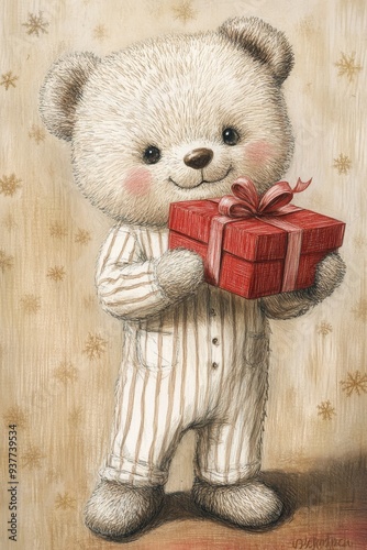 Adorable teddy bear with a red gift box in hand on a warm holiday-themed backdrop.