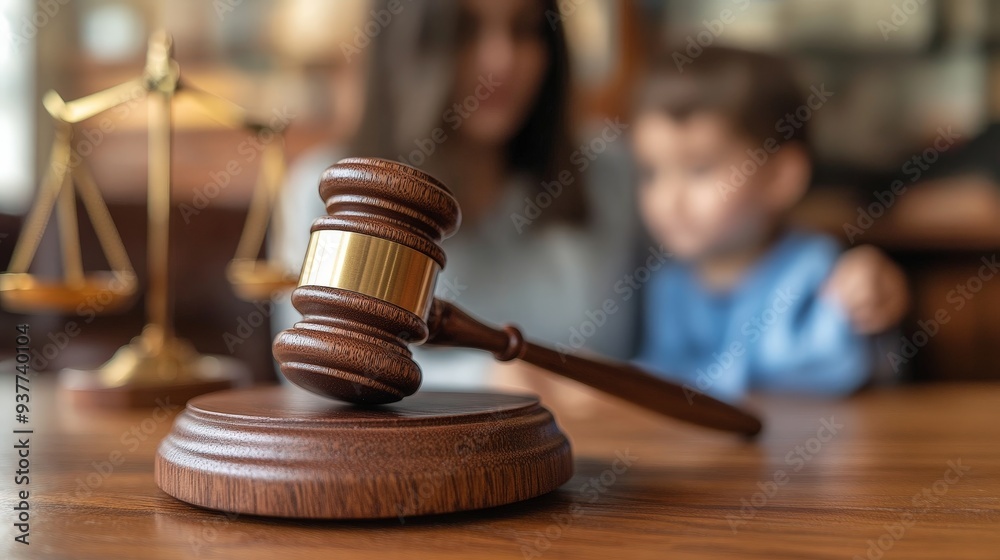 Judge's Hammer in Focus with Blurred Background of a Concerned Child Judge's Hammer in Focus with Blurred Background of a Concerned Child