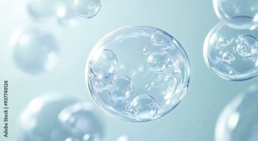 A close-up of clear, transparent bubbles floating in the air on a light blue background.
A close-up of clear, transparent bubbles floating in the air on a light blue background.
