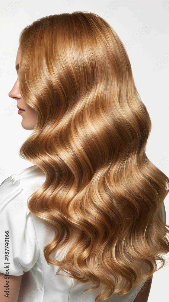 With her long, wavy golden hair flowing gracefully, the woman presents an elegant profile. The soft waves highlight her natural beauty, creating a captivating and serene moment With her long, wavy golden hair flowing gracefully, the woman presents an elegant profile. The soft waves highlight her natural beauty, creating a captivating and serene moment