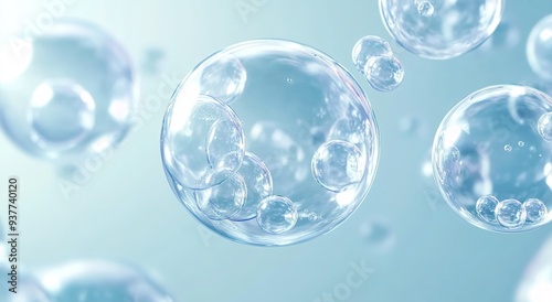 Wallpaper Mural 
A close-up of clear, transparent bubbles floating in the air on a light blue background.    Torontodigital.ca