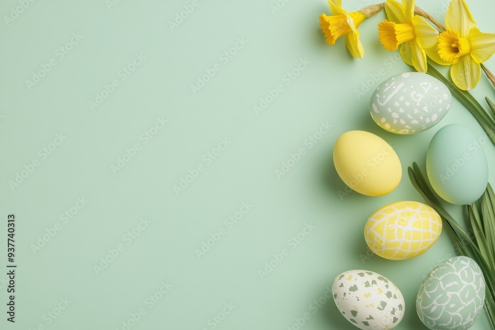 Easter Pastel Eggs and Daffodils on Mint Green Background Easter Pastel Eggs and Daffodils on Mint Green Background