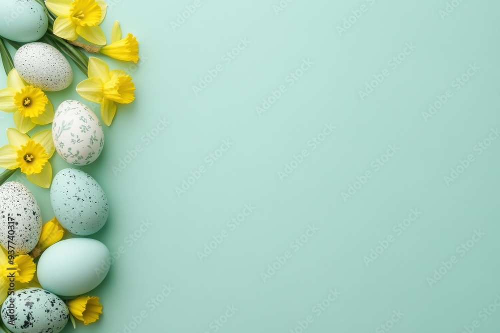 Easter Pastel Eggs and Daffodils on Mint Green Background Easter Pastel Eggs and Daffodils on Mint Green Background