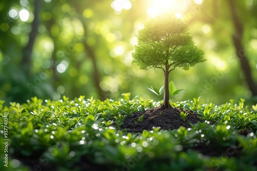 Earth Day eco concept with tropical forest background, natural forestation preservation scene with canopy tree in the wild, concept on sustainability and environmental renewable
