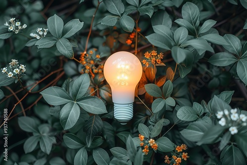 Eco friendly light bulb with plants green background, Renewable and sustainable energy