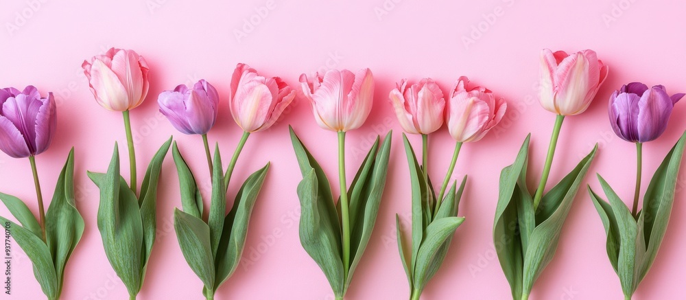 Pastel Pink and Purple Tulips on Soft Pink Background Pastel Pink and Purple Tulips on Soft Pink Background