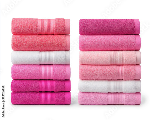 A beautiful stack of soft towels in various shades of pink, ideal for bathroom decor or spa settings.