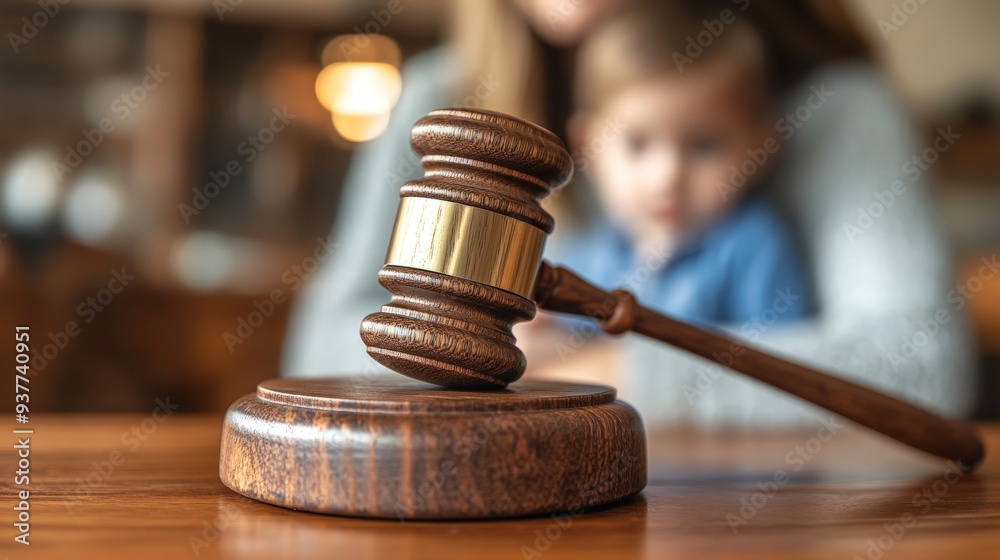 Judge's Hammer in Focus with Blurred Background of a Concerned Child