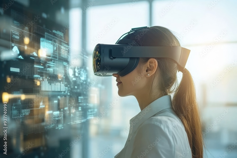 Side profile of a professional woman in a sleek VR headset exploring a digital environment filled with data streams representing the integration of technology into modern business Side profile of a professional woman in a sleek VR headset exploring a digital environment filled with data streams representing the integration of technology into modern business