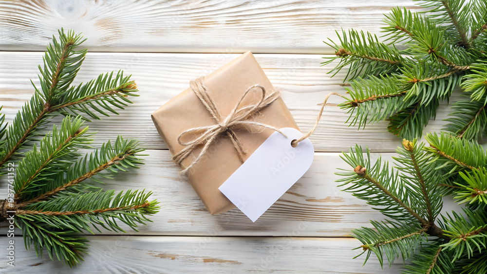 Christmas tree with gift box and decorations - Christmas card Christmas tree with gift box and decorations - Christmas card
