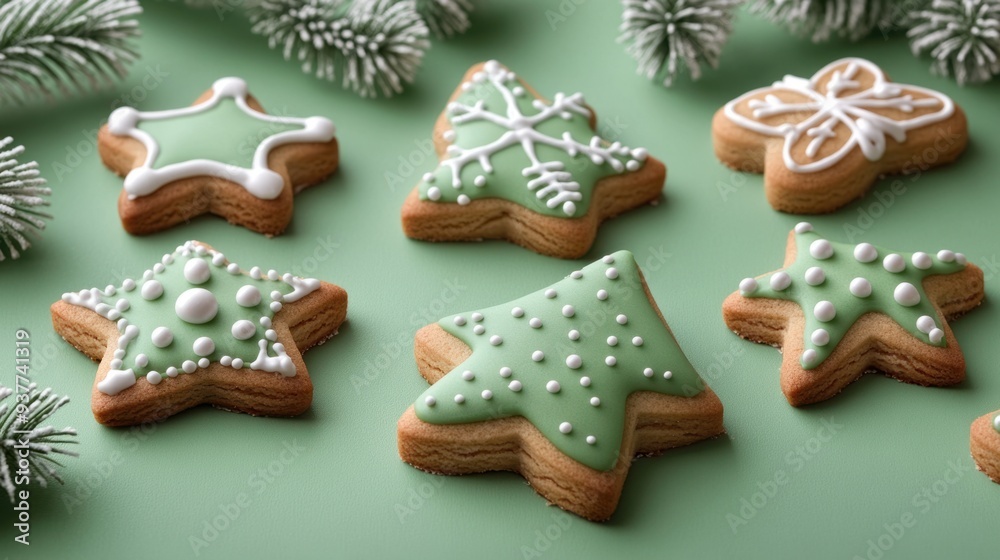 Festive Christmas Cookies in Star and Tree Shapes on Green Background Festive Christmas Cookies in Star and Tree Shapes on Green Background