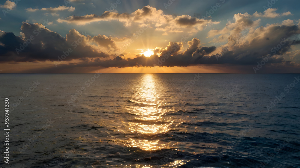 Obraz premium sun rising behind a few scattered clouds over the ocean