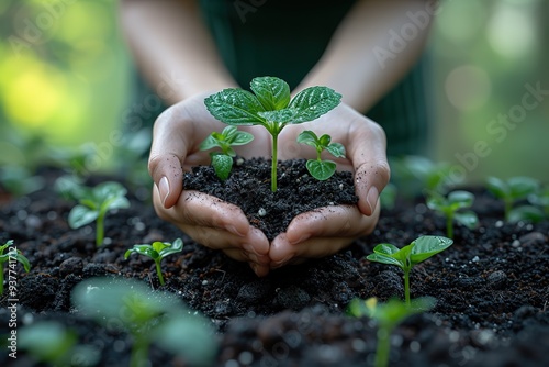 environment Earth Day In the hands of trees growing seedlings Bokeh green Background Female hand holding tree on nature field grass Forest conservation concept