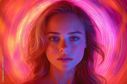 Portrait of a young woman in a glowing vibrant digital environment surrounded by warm colors symbolizing the intersection of human emotion and advanced virtual reality technology