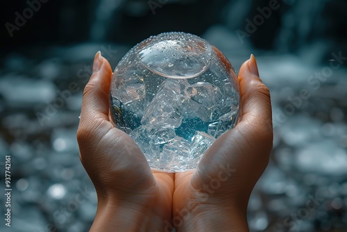 ESG environment social governance concept Hand-holding crystal globe with ESG icon around it Business cooperation for a sustainable environment World sustainable environment concept