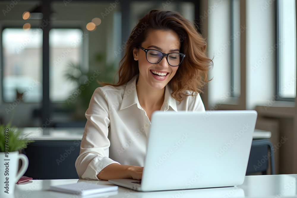 Happy and smiling businesswoman typing on laptop, office worker with glasses happy with achievement results, at work inside office building Happy and smiling businesswoman typing on laptop, office worker with glasses happy with achievement results, at work inside office building